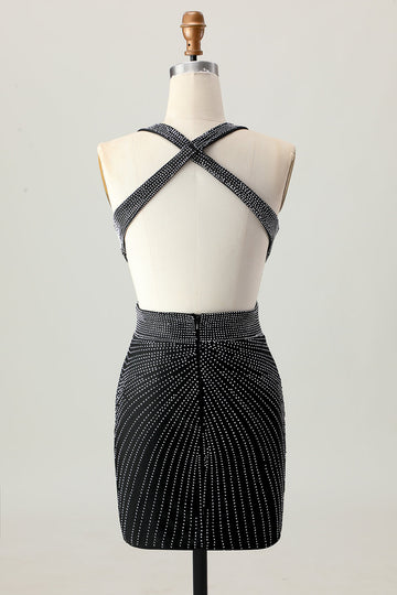 Black Bodycon V-Neck Beaded Cocktail Dress